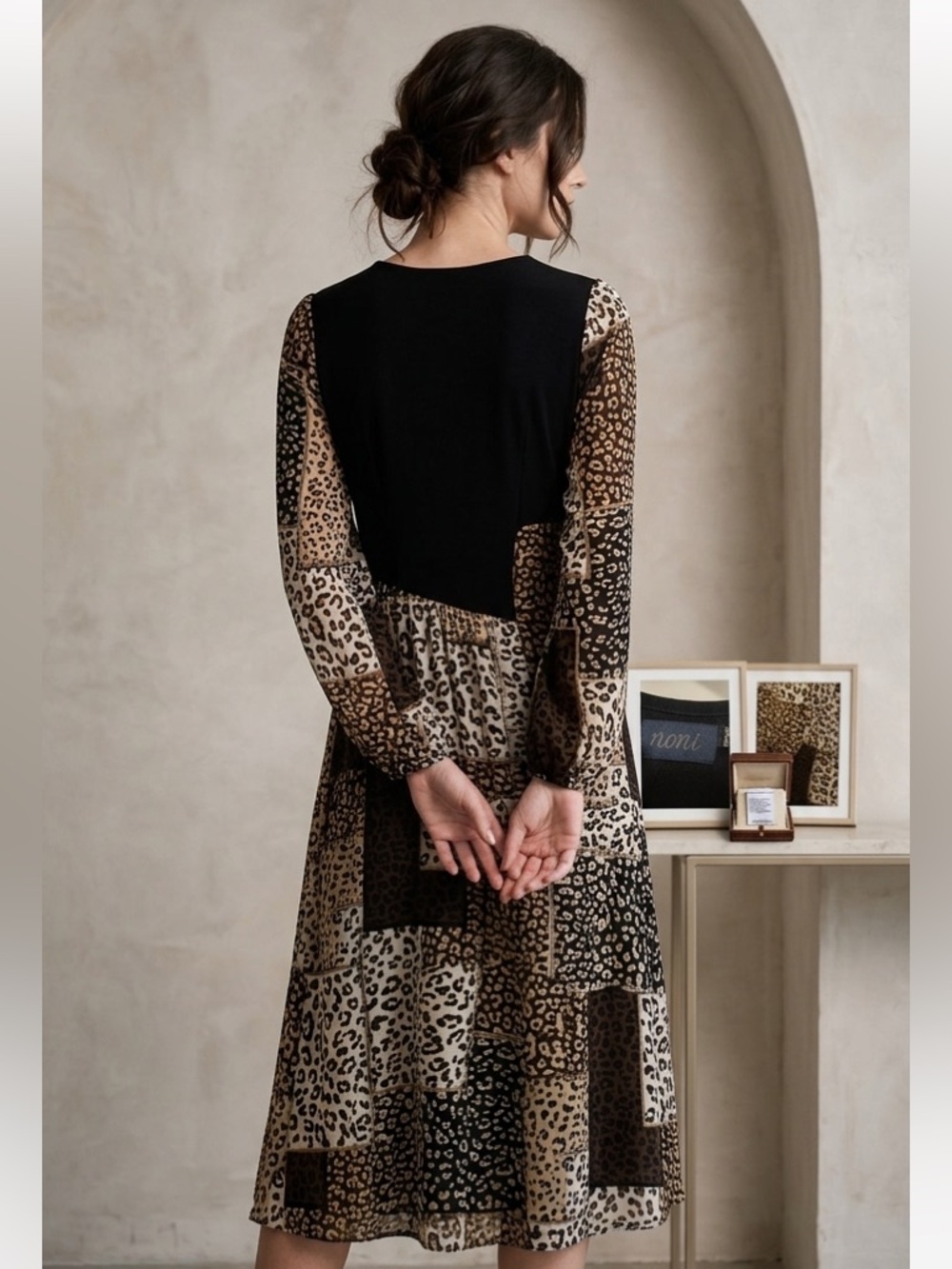 Patchwork cheetah Print Long Sleeve Dress